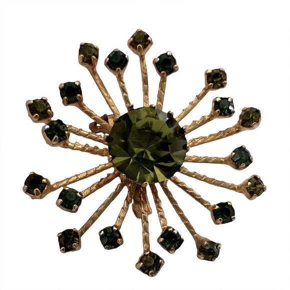 Vintage Rare Boho Fashion Brooch Gold Tone Green Rhinestones - Picture 1 of 3